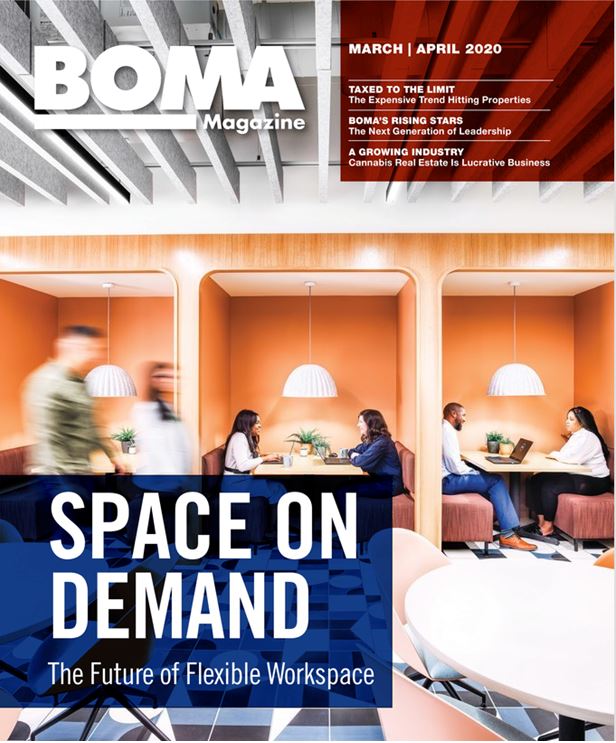 publications sur l'immobilier commercial : page couverture du magazine BOMA édition mars / avril 2020